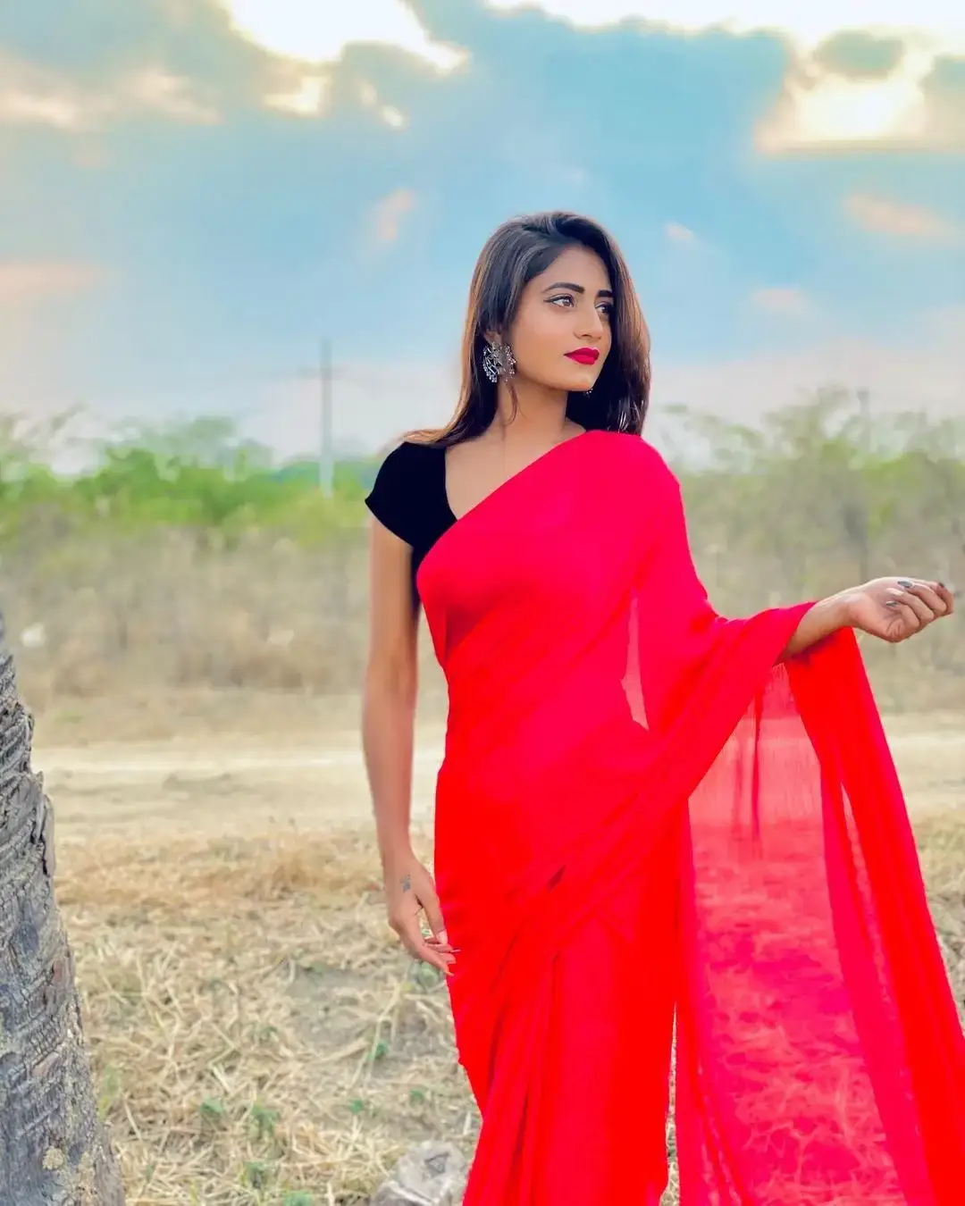 South Indian Actress Nayani Pavani in Traditional Red Saree